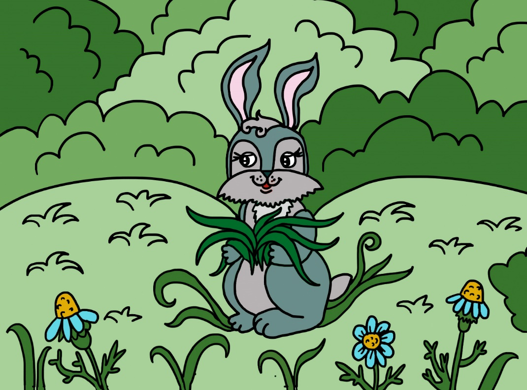 Зайчик на поляне. Заяц в лесу мультяшный. Заяц на Поляне рисунок. Рисование травка для зайчат.